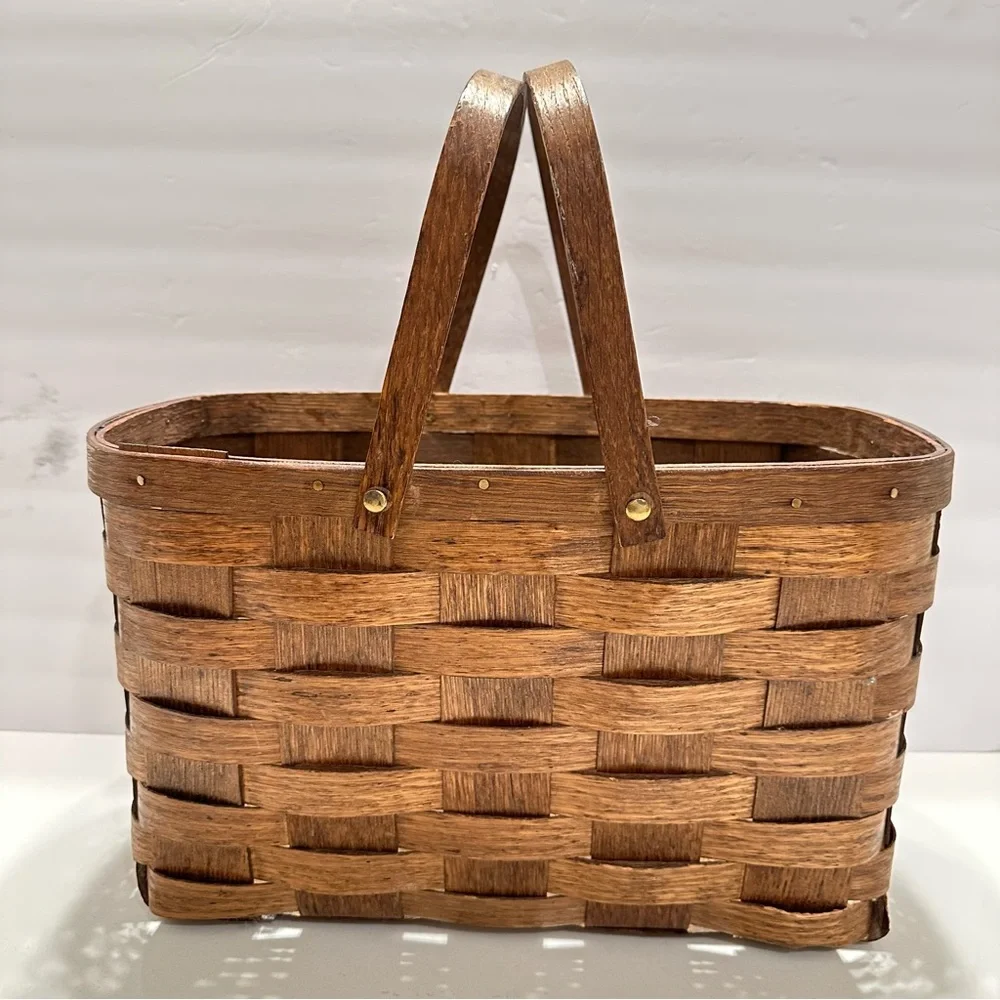 Vintage‎ Dark Brown Woven Basket Wooden Handles Rectangle Skinny Brass Hardware